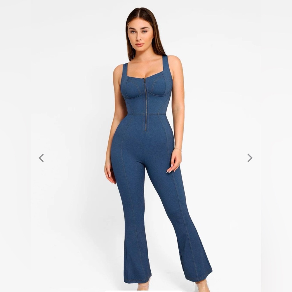 Popilush Shapewear Sculpting Denim Tank Flare Leg Jumpsuit